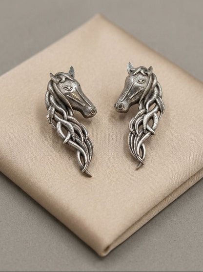 Handcrafted Silver Oxidized Horse Motif Statement Earrings for Women – Contemporary Wear
