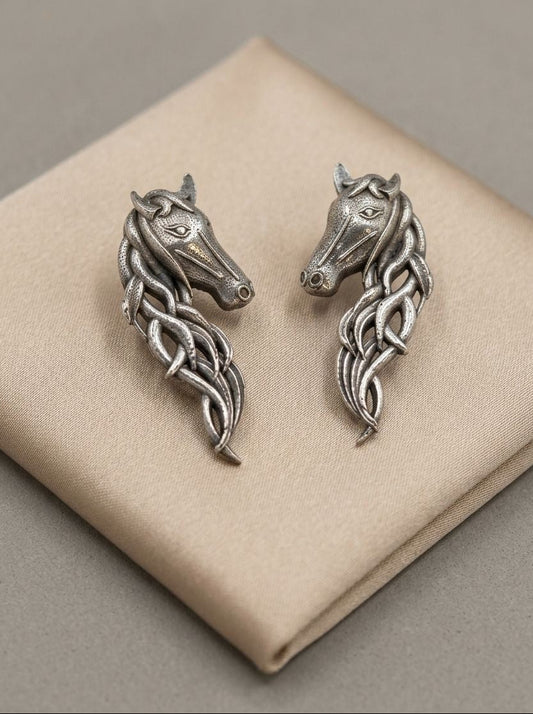 Handcrafted Silver Oxidized Horse Motif Statement Earrings for Women – Contemporary Wear
