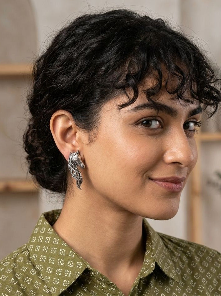 Handcrafted Silver Oxidized Horse Motif Statement Earrings for Women – Contemporary Wear
