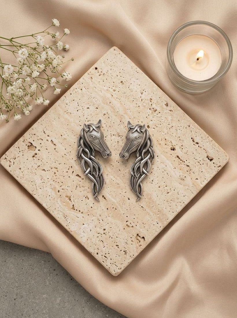 Handcrafted Silver Oxidized Horse Motif Statement Earrings for Women – Contemporary Wear
