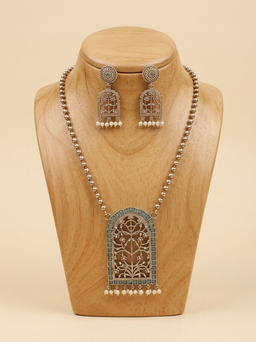 Handcrafted Silver Oxidized Jharokha Pendant Necklace Set with Turquoise Stones & Pearl Embellishments for Women - Ethnic Wear
