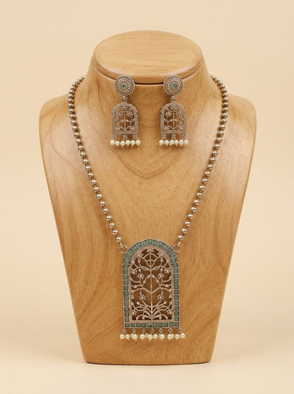 Handcrafted Silver Oxidized Jharokha Pendant Necklace Set with Turquoise Stones & Pearl Embellishments for Women - Ethnic Wear
