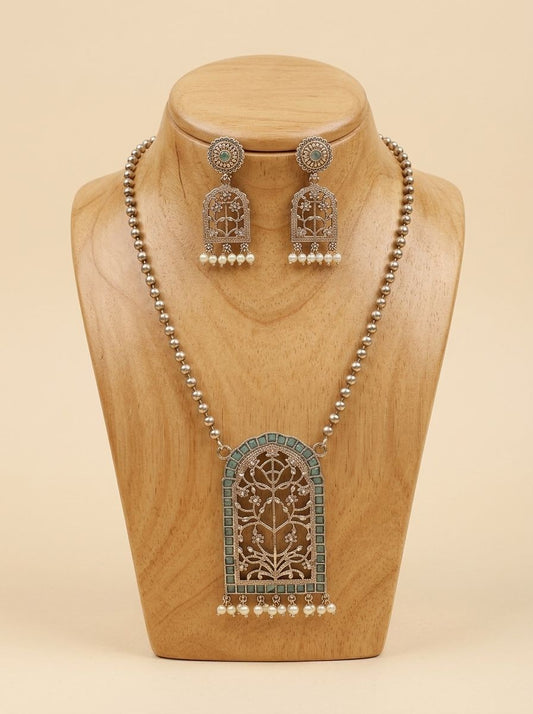 Handcrafted Silver Oxidized Jharokha Pendant Necklace Set with Turquoise Stones & Pearl Embellishments for Women - Ethnic Wear
