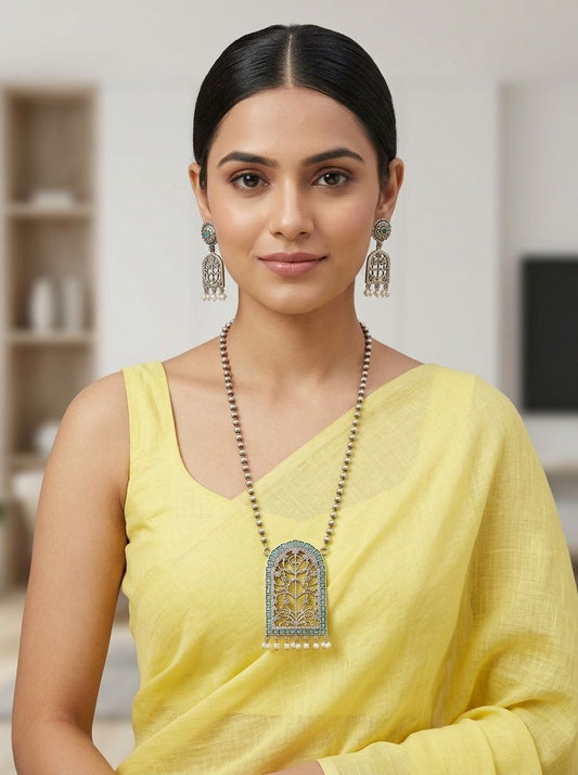 Handcrafted Silver Oxidized Jharokha Pendant Necklace Set with Turquoise Stones & Pearl Embellishments for Women - Ethnic Wear
