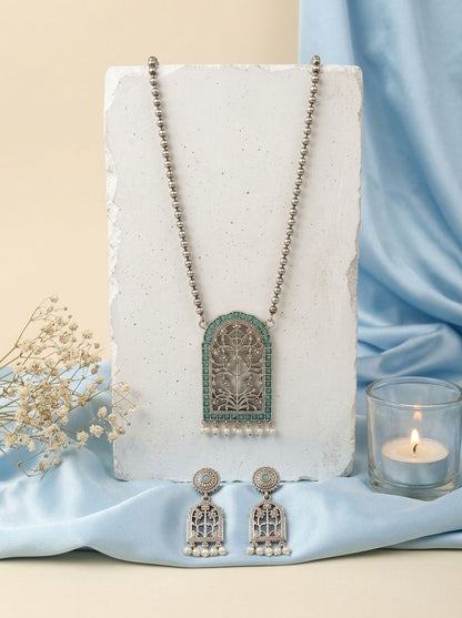 Handcrafted Silver Oxidized Jharokha Pendant Necklace Set with Turquoise Stones & Pearl Embellishments for Women - Ethnic Wear
