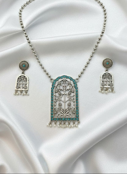 Handcrafted Silver Oxidized Jharokha Pendant Necklace Set with Turquoise Stones & Pearl Embellishments for Women - Ethnic Wear
