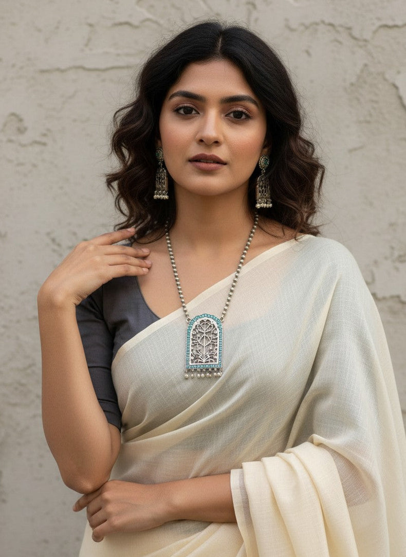 Handcrafted Silver Oxidized Jharokha Pendant Necklace Set with Turquoise Stones & Pearl Embellishments for Women - Ethnic Wear
