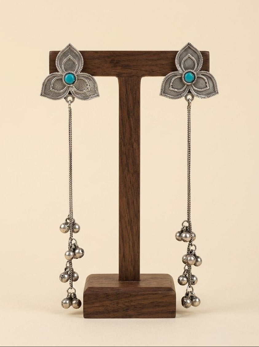 Handcrafted Silver Oxidized Kashmiri Floral Earrings with Ghungroos & Aqua Stone for Women - Ethnic Wear 