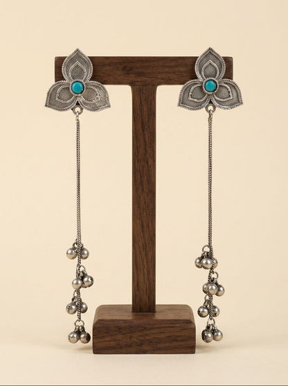 Handcrafted Silver Oxidized Kashmiri Floral Earrings with Ghungroos & Aqua Stone for Women - Ethnic Wear 