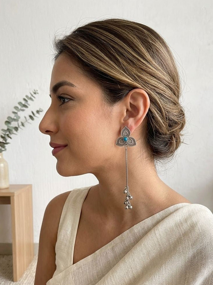 Handcrafted Silver Oxidized Kashmiri Floral Earrings with Ghungroos & Aqua Stone for Women - Ethnic Wear 