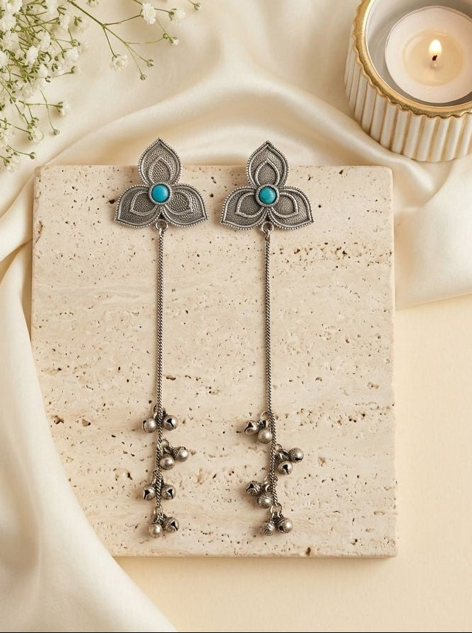 Handcrafted Silver Oxidized Kashmiri Floral Earrings with Ghungroos & Aqua Stone for Women - Ethnic Wear 