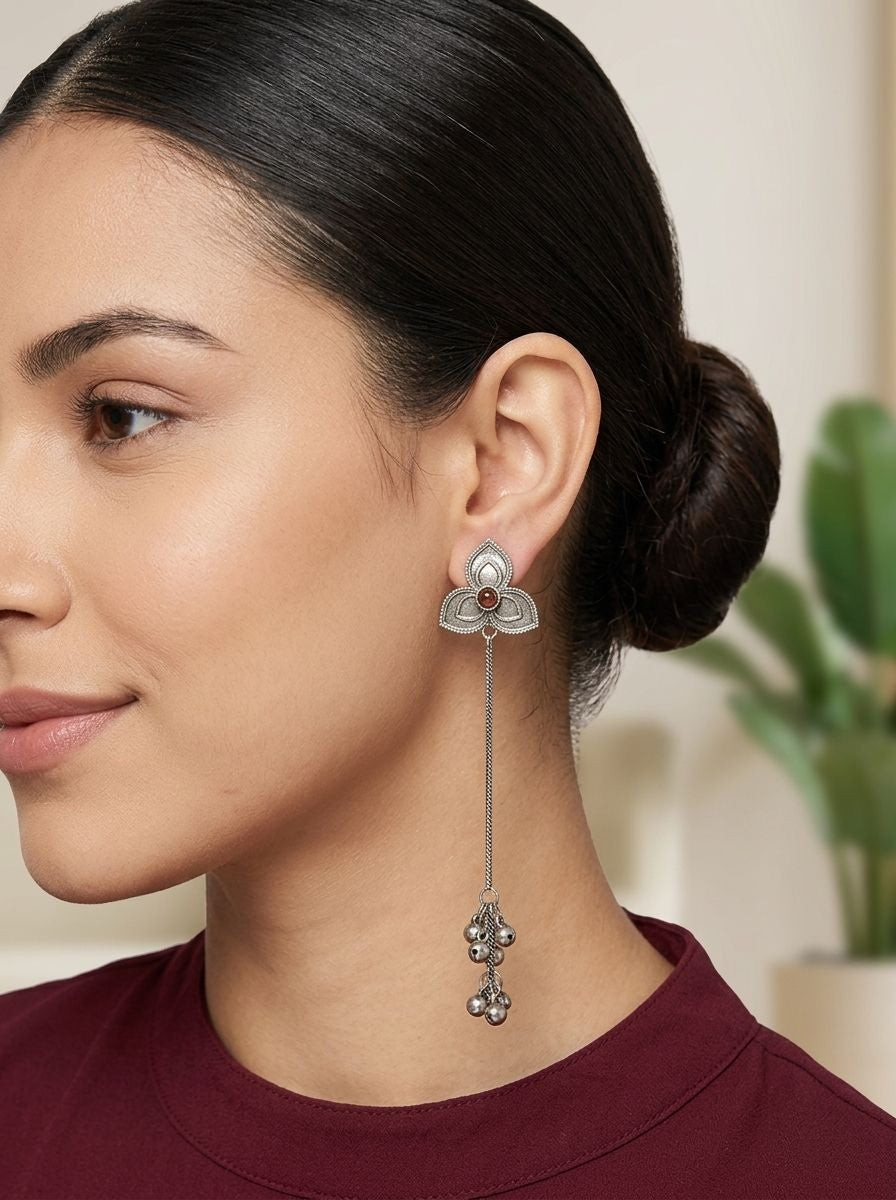 Handcrafted Silver Oxidized Kashmiri Floral Earrings with Ghungroos & Maroon Stone for Women - Ethnic Wear