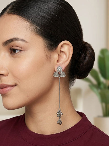 Handcrafted Silver Oxidized Kashmiri Floral Earrings with Ghungroos & Maroon Stone for Women - Ethnic Wear