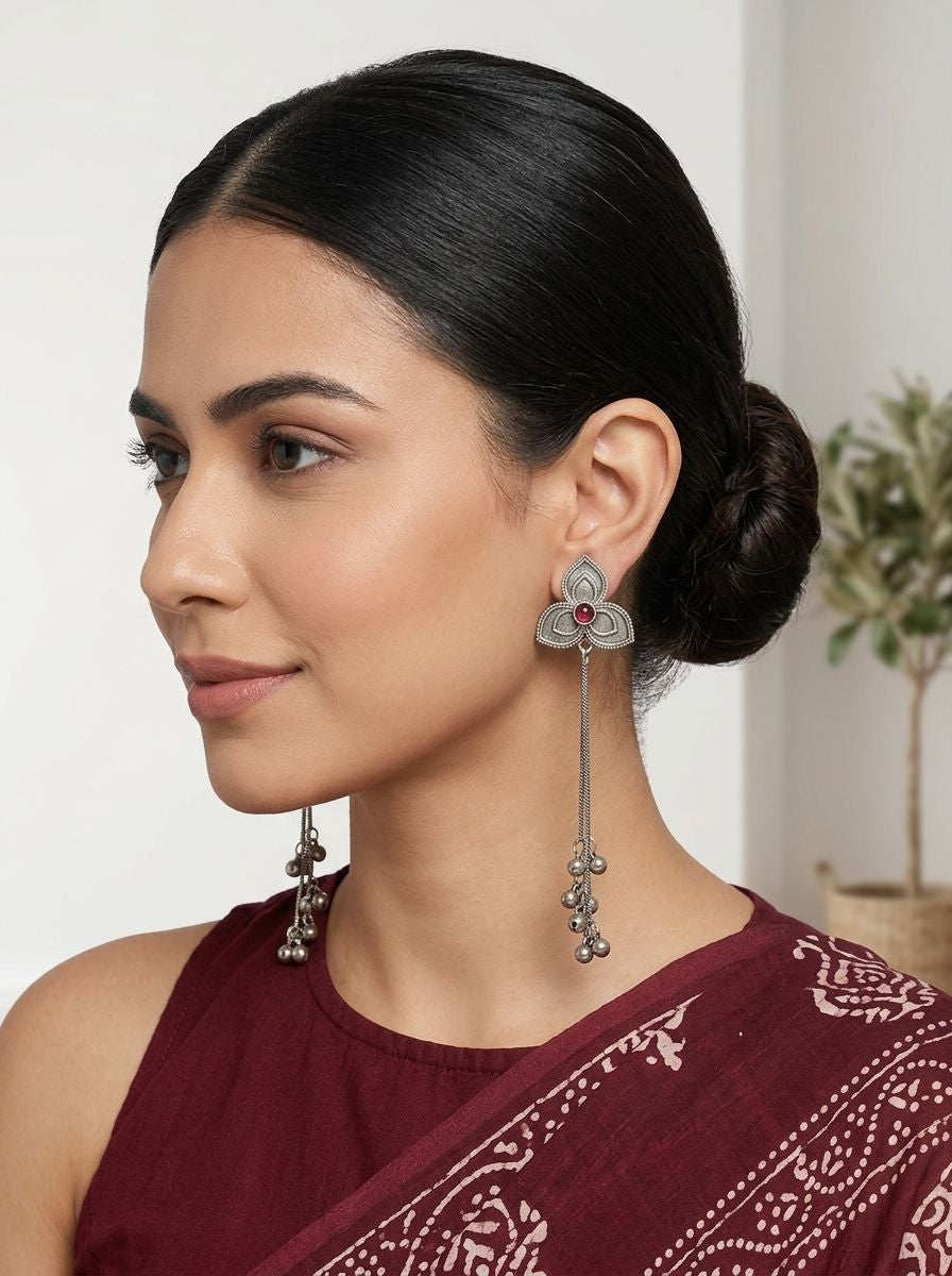 Handcrafted Silver Oxidized Kashmiri Floral Earrings with Ghungroos & Maroon Stone for Women - Ethnic Wear