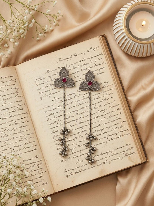 Handcrafted Silver Oxidized Kashmiri Floral Earrings with Ghungroos & Maroon Stone for Women - Ethnic Wear