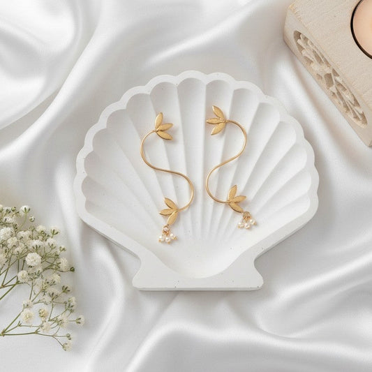 Handmade Gold Plated Leaf Style Earring with Pearl detailing for Women - Special Occasions
