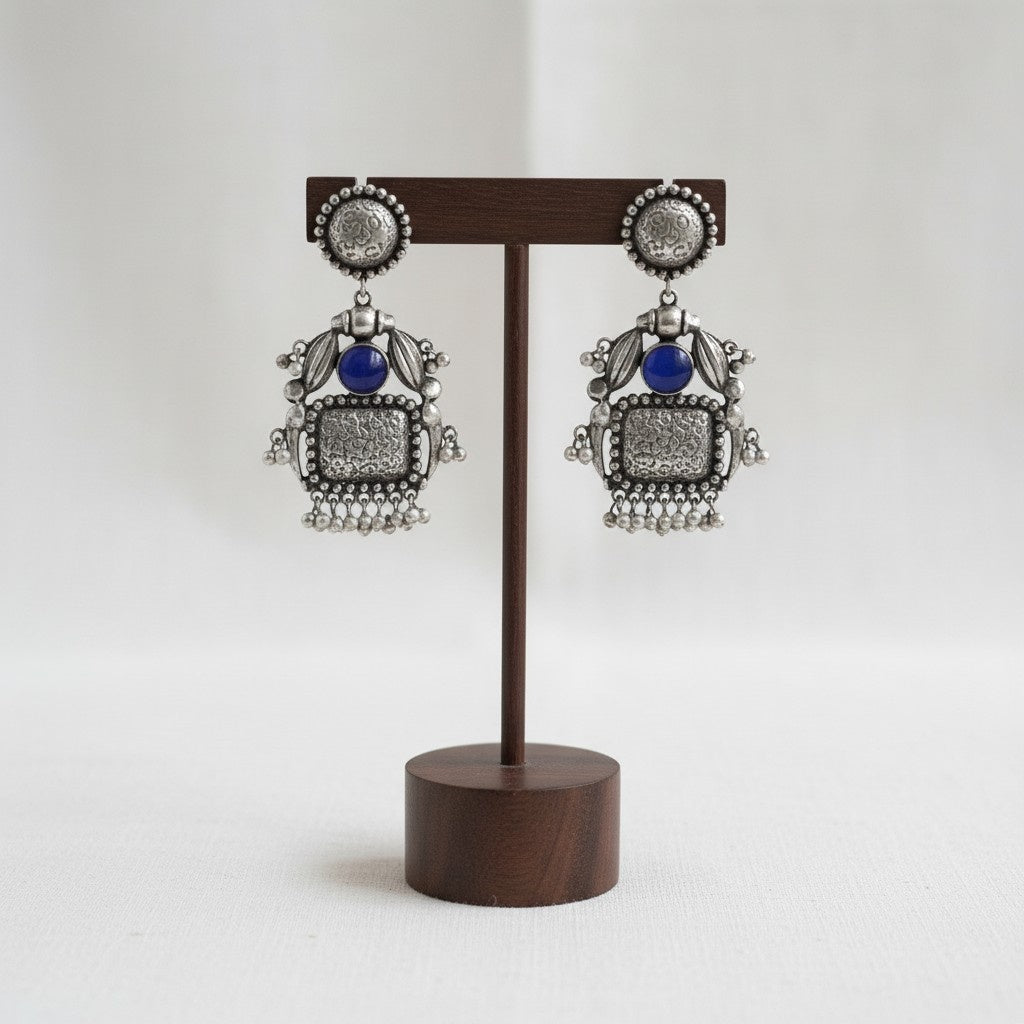 Handmade Silver Oxidized Dangler Earrings in Blue Monalisa Stone and Pearls for Women - Ethnic Wear