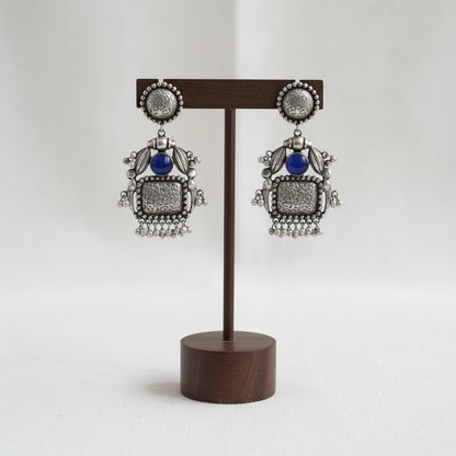 Handmade Silver Oxidized Dangler Earrings in Blue Monalisa Stone and Pearls for Women - Ethnic Wear