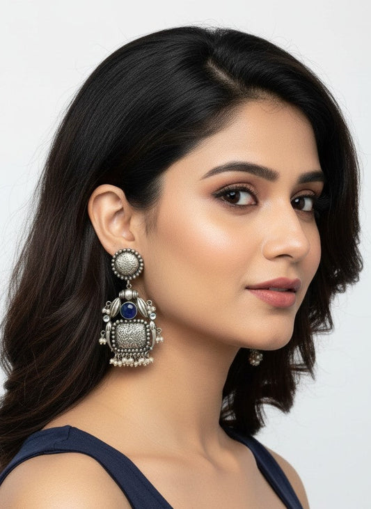 Handmade Silver Oxidized Dangler Earrings in Blue Monalisa Stone and Pearls for Women - Ethnic Wear