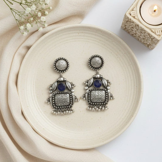 Handmade Silver Oxidized Dangler Earrings in Blue Monalisa Stone and Pearls for Women - Ethnic Wear