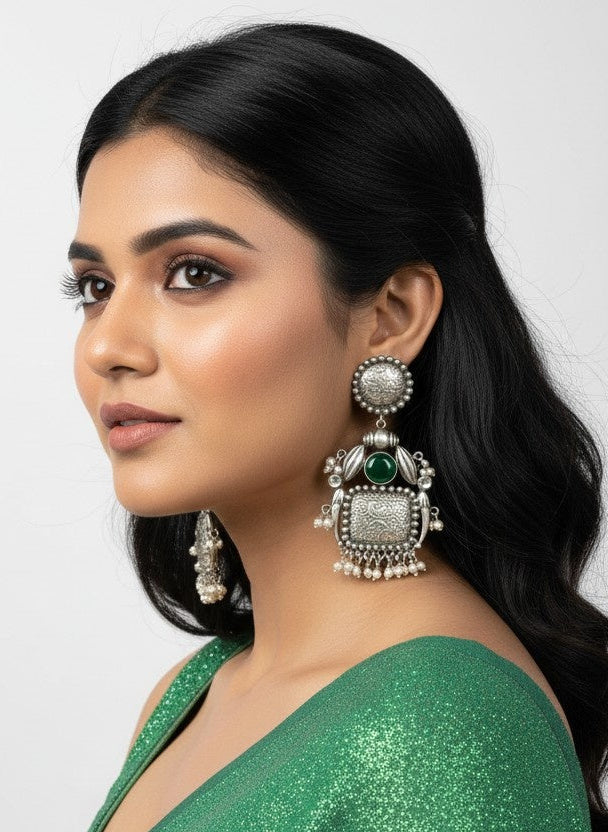 Handmade Silver Oxidized Dangler Earrings in Green Monalisa Stone and Pearls for Women - Ethnic Wear