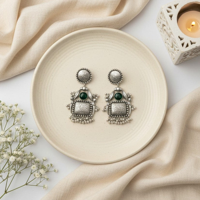 Handmade Silver Oxidized Dangler Earrings in Green Monalisa Stone and Pearls for Women - Ethnic Wear