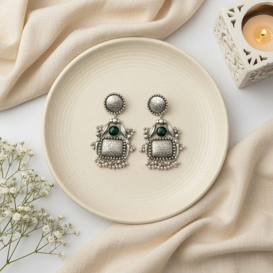 Handmade Silver Oxidized Dangler Earrings in Green Monalisa Stone and Pearls for Women - Ethnic Wear