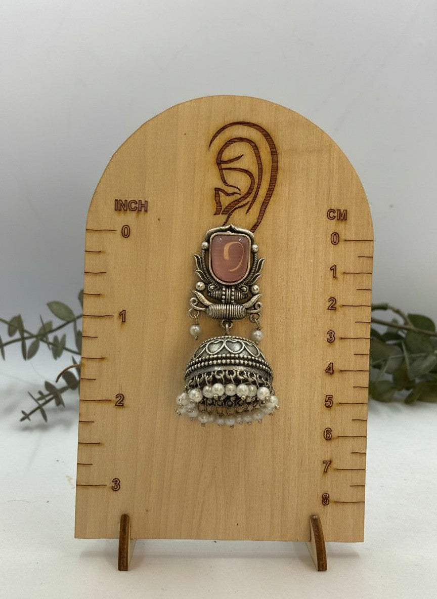Silver Oxidized Baby Pink Stone Jhumka Earrings with Pearl Drops for Women - All Occasions