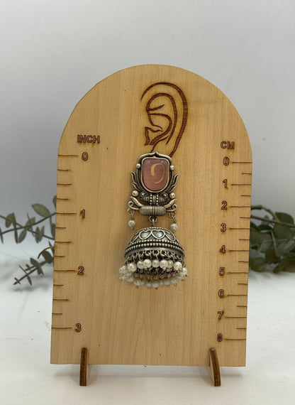 Silver Oxidized Baby Pink Stone Jhumka Earrings with Pearl Drops for Women - All Occasions