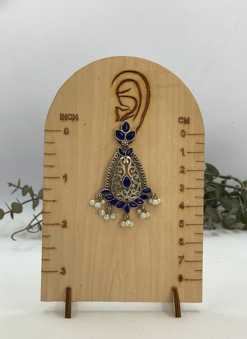 Silver Oxidized Filigree Teardrop Earrings with Blue Stones & Pearl Drops for Women - Festive Wear
