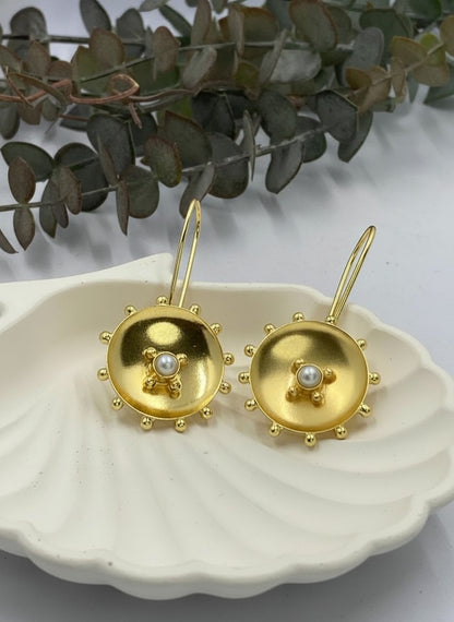 Gold-Plated Sun Disc Drop Hook Earrings with Pearl Accent for Women - Everyday Office & Casual Wear