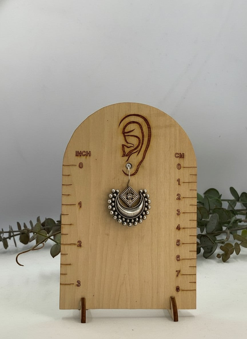Silver Oxidized Layered Crescent Hook Earrings with Geometric Stone Detail & Beading for Women - Everyday Wear