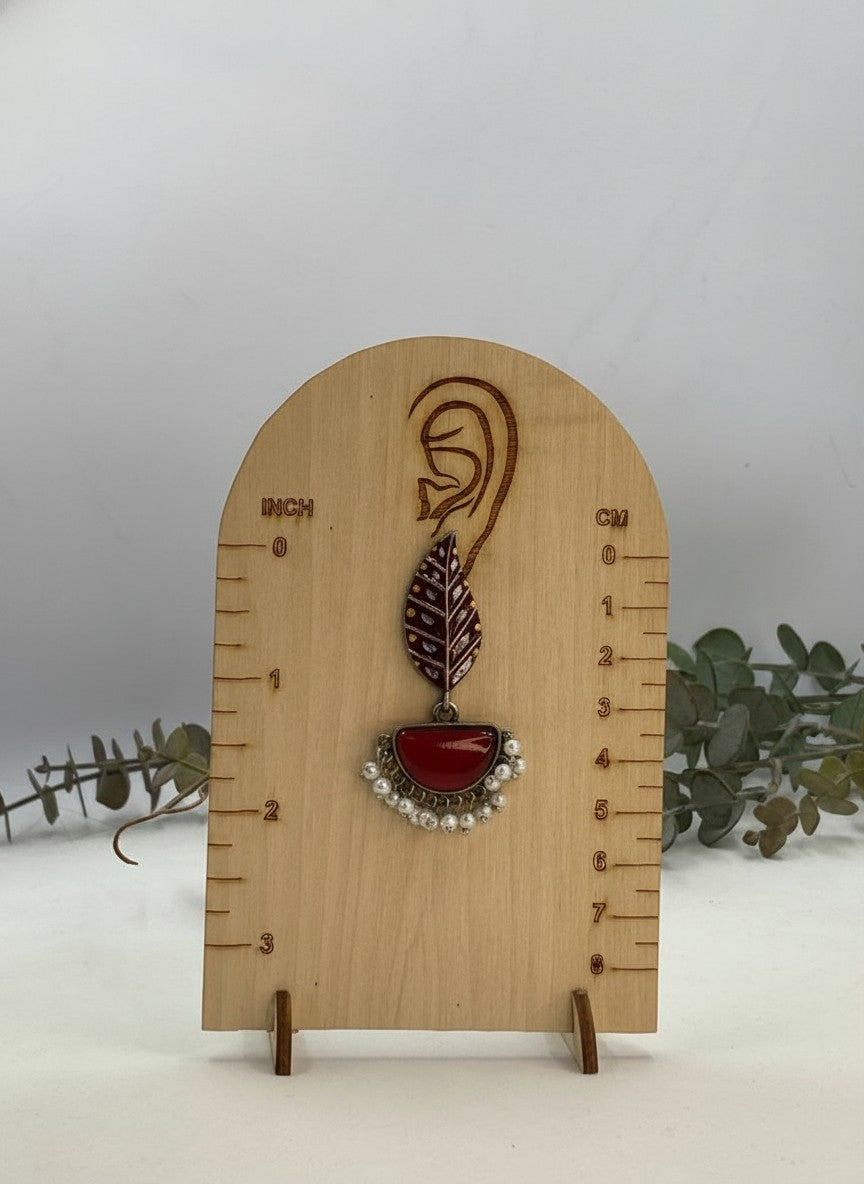 Silver Oxidized Handpainted Leaf & Dark Red Monalisa Stone Earrings for Women - Festive Wear