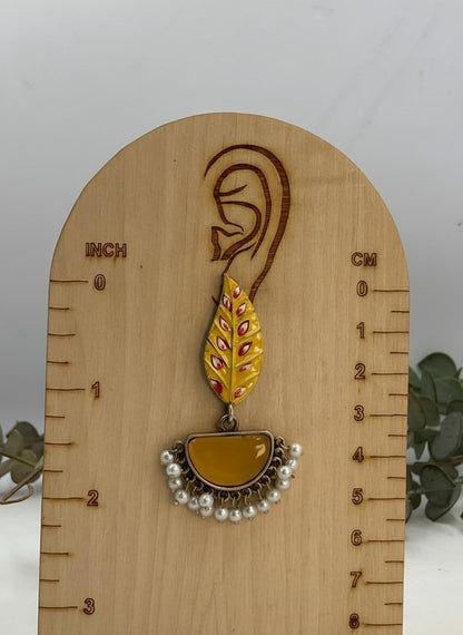 Silver Oxidized Handpainted Leaf & Yellow Monalisa Stone Earrings for Women - Festive Wear