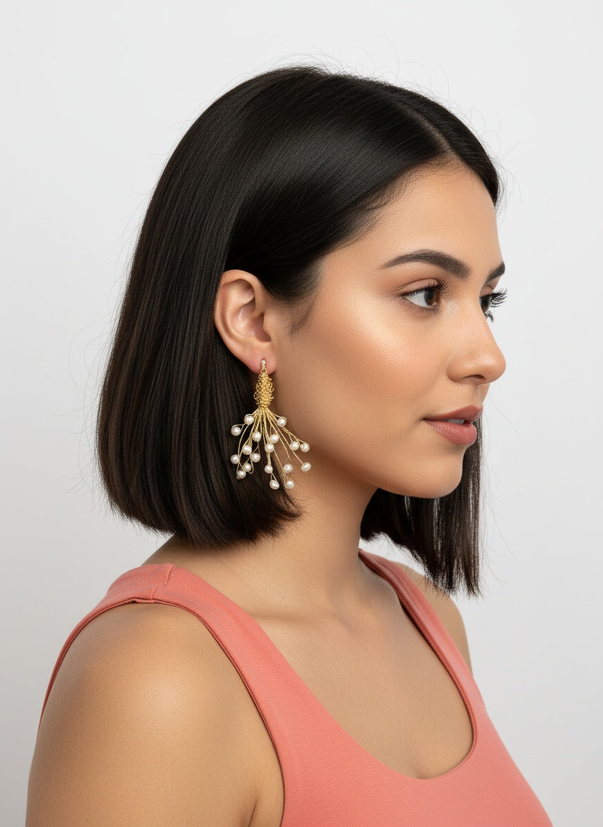 Wire Winding Gold Plated Trendy Freshwater Natural Cultural Pearl Fashion Dangler Earrings for Women