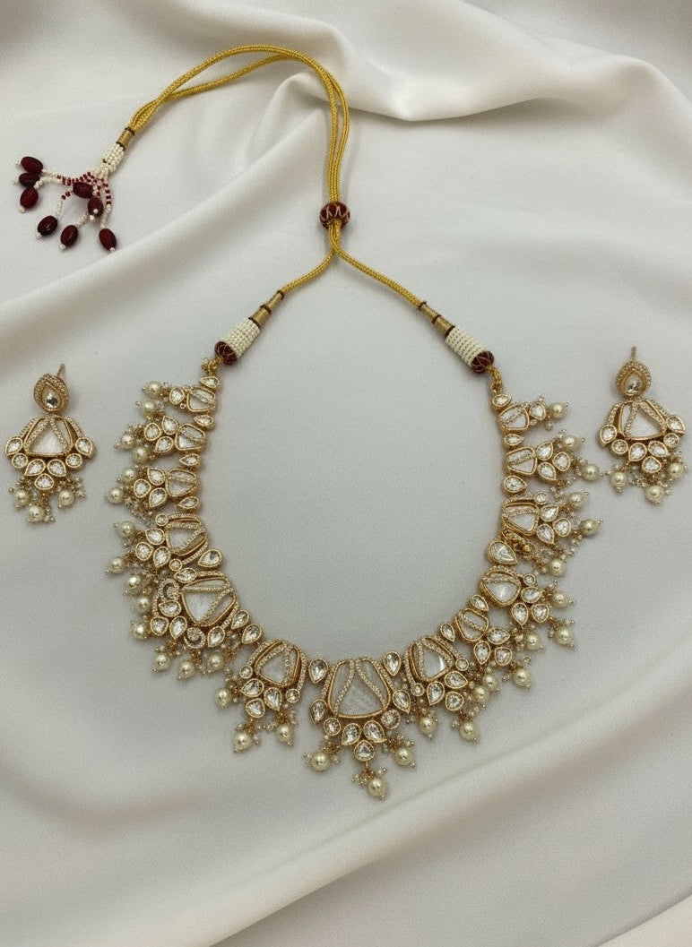 Mother of Pearls and AD Stones Necklace Set with Kundan Stones and Pearl Drops for Women