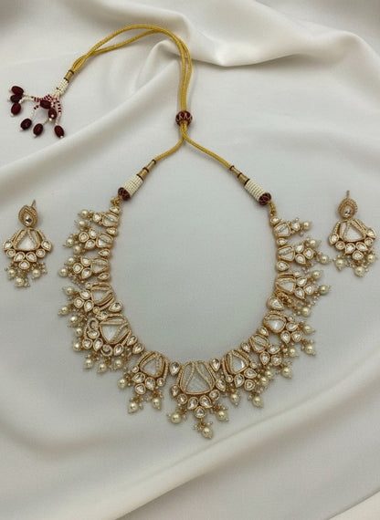 Mother of Pearls and AD Stones Necklace Set with Kundan Stones and Pearl Drops for Women