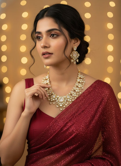 Mother of Pearls and AD Stones Necklace Set with Kundan Stones and Pearl Drops for Women