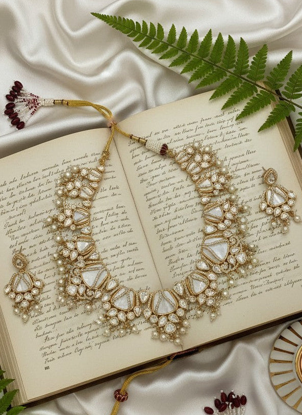 Mother of Pearls and AD Stones Necklace Set with Kundan Stones and Pearl Drops for Women