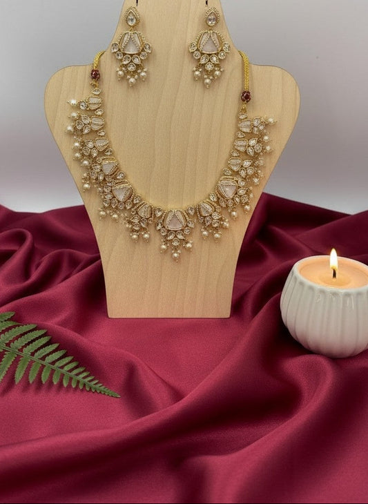Mother of Pearls and AD Stones Necklace Set with Kundan Stones and Pearl Drops for Women