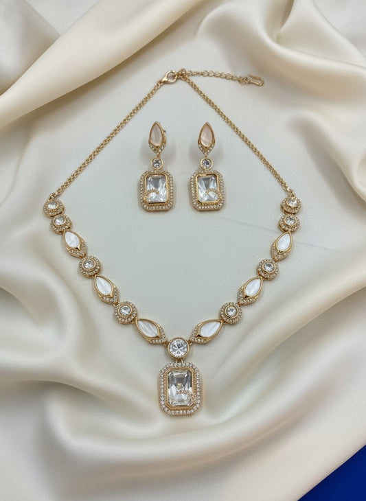 Mother of Pearls and AD Stones Necklace Set with geometric shaped Kundan Pendant for Women