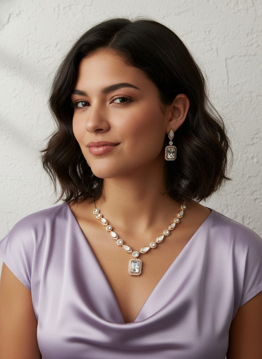 Mother of Pearls and AD Stones Necklace Set with geometric shaped Kundan Pendant for Women