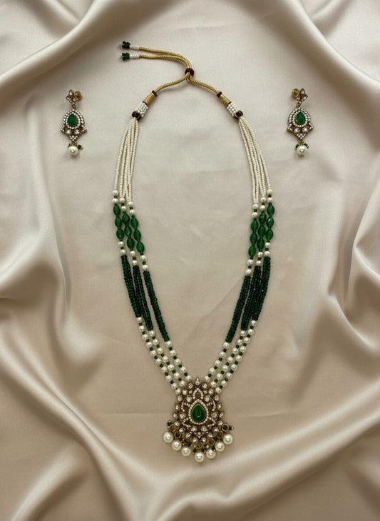 Traditional Pearls and Emarald beaded Necklace set with Kundan stones for Women