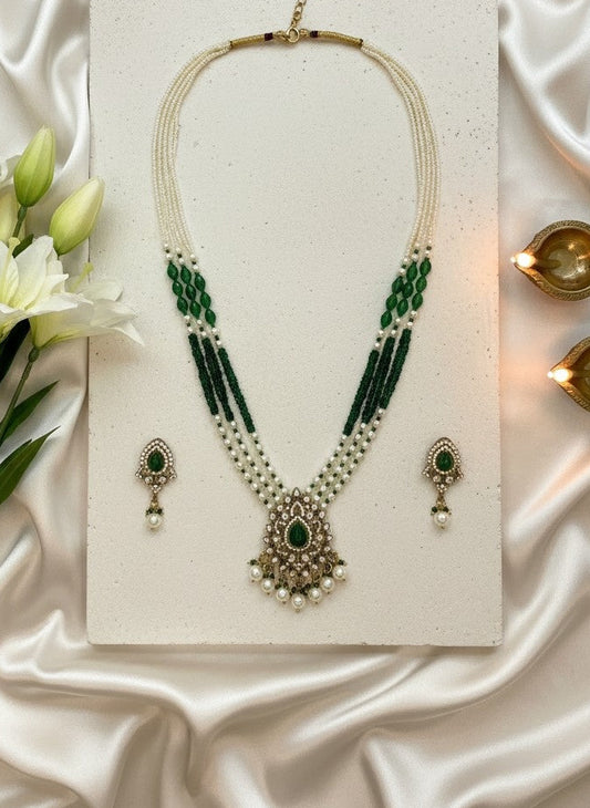 Traditional Pearls and Emarald beaded Necklace set with Kundan stones for Women