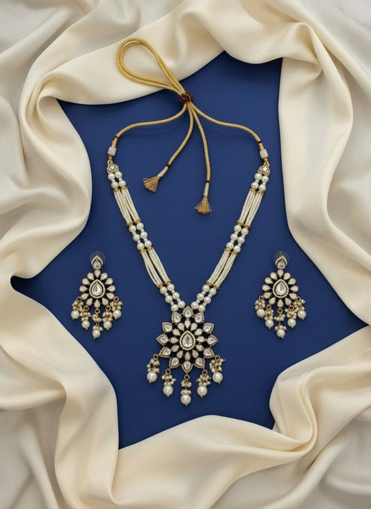 Ethnic Pearl beaded Necklace Set with Kundan Stones for Women