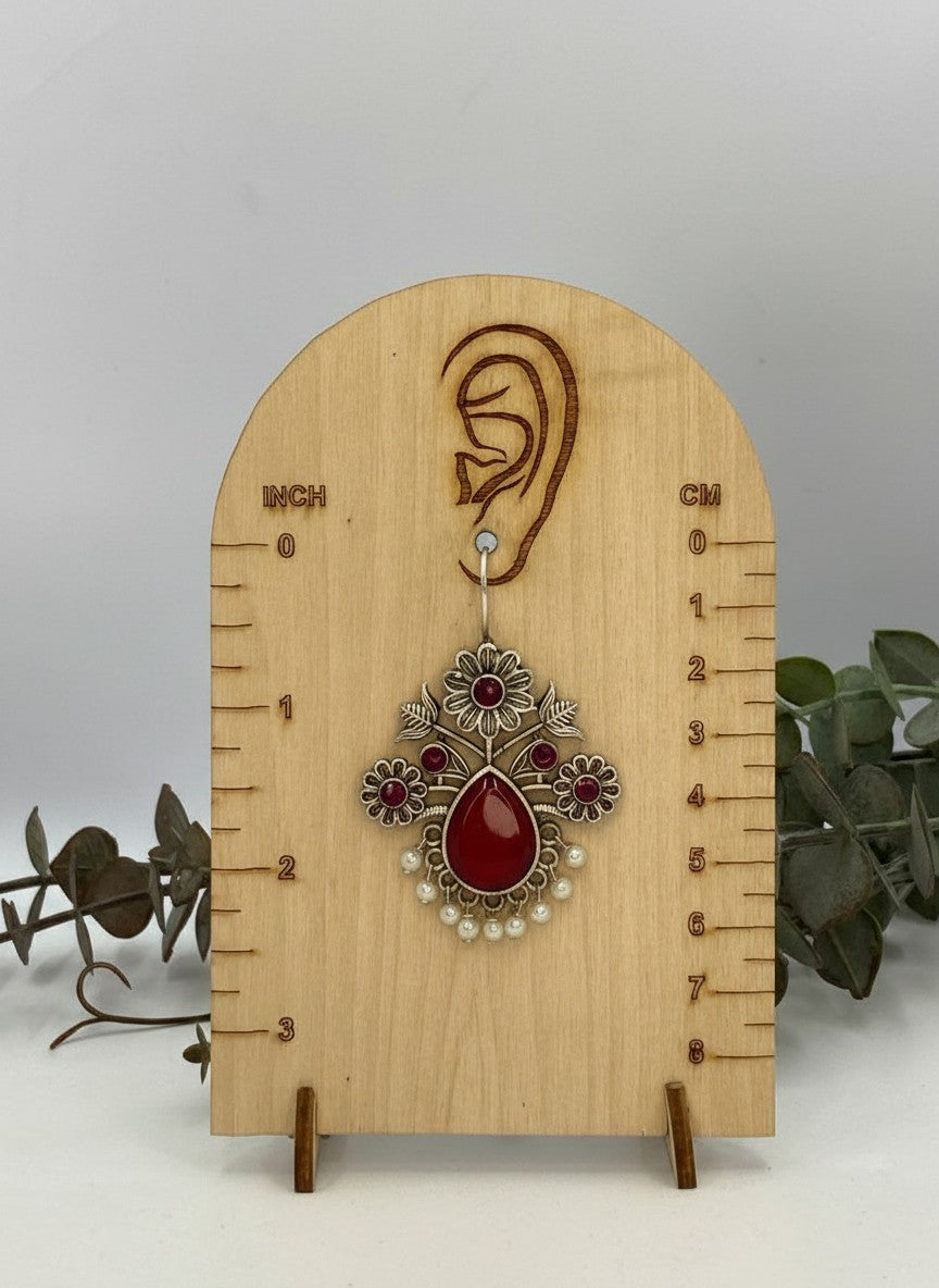 Silver Oxidized Floral Drop Earrings with Red Stones & Pearl Cluster Detailing for Women - Office & Casual Wear