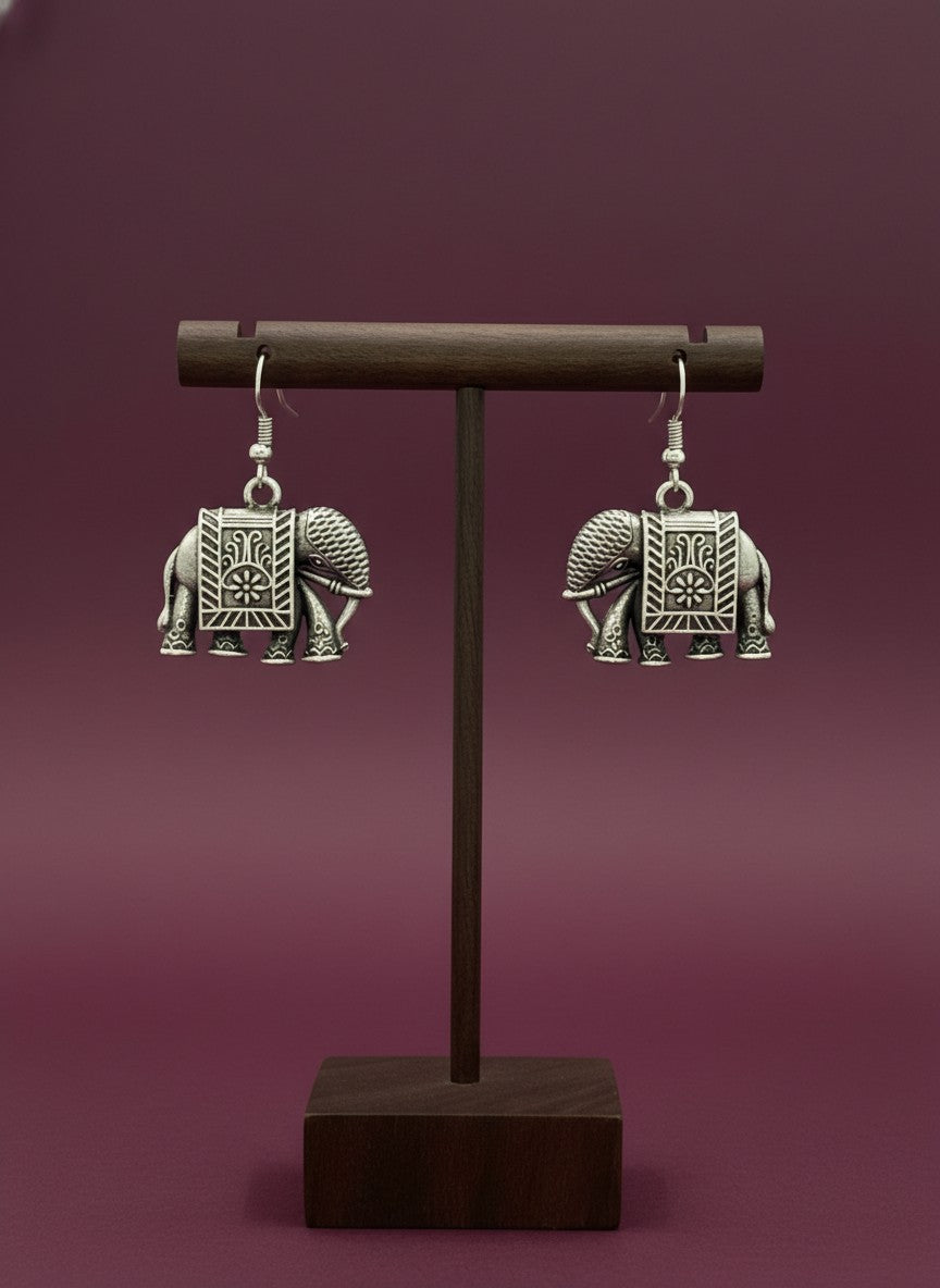Silver Oxidized Elephant Motif Drop Hook Earrings for Women - All Occasions Wear