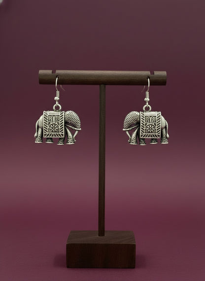 Silver Oxidized Elephant Motif Drop Hook Earrings for Women - All Occasions Wear