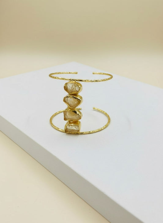 Solis Gold-Plated Citrine Raw Stone Stacked Cuff Bracelet for Women - Special Occasions