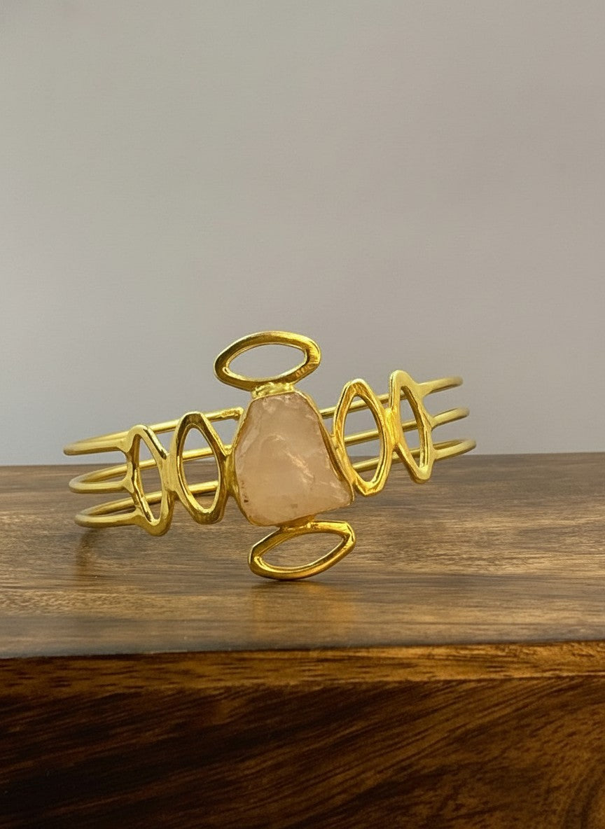 Elara Gold-Plated Sculptural Cuff Bracelet with Natural Stone Accent for Women - Occasion Wear
